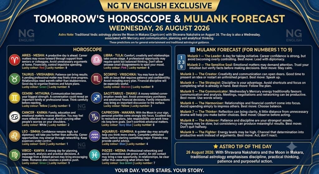 TOMORROW'S HOROSCOPE & MULANK FORECAST - WEDNESDAY, 26 AUGUST 2026