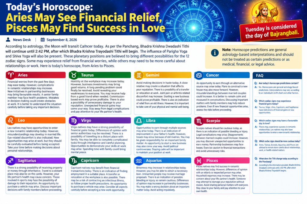 Today's Horoscope: Aries May See Financial Relief, Pisces May Find Success in Love