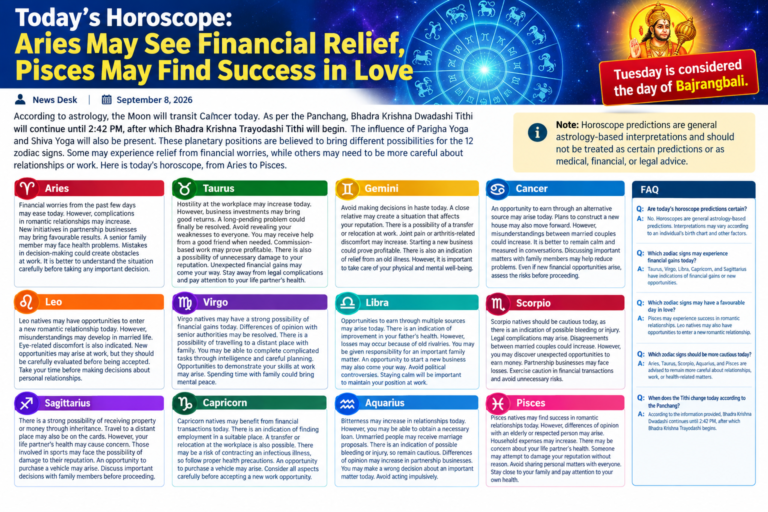 Today's Horoscope: Aries May See Financial Relief, Pisces May Find Success in Love