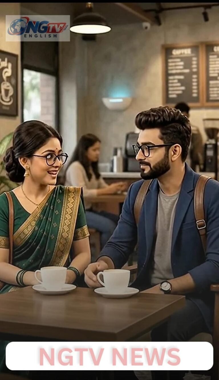 Coffee shop setup. Romi scrolling Instagram. Aavi sipping coffee